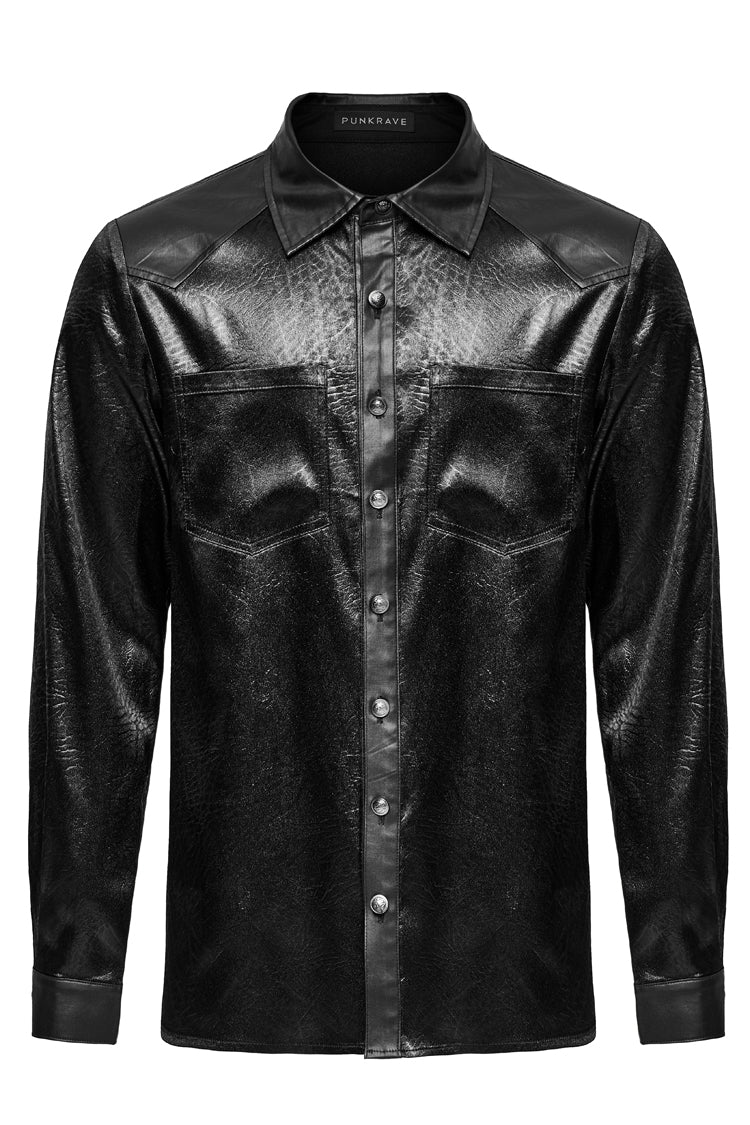 Black Lapel Collar Long Sleeves Faux Leather Men's Gothic Blouse