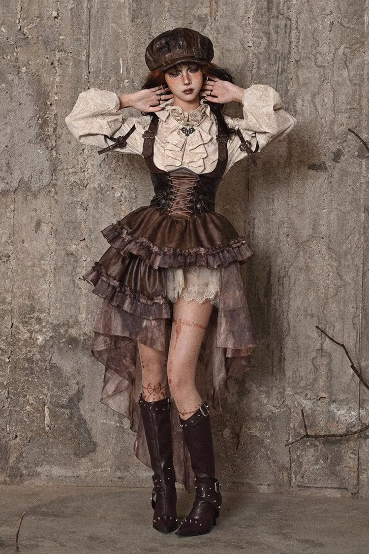 Brown Chest Straps Ruffle Irregular Detachable Tail Punk Lolita Dress