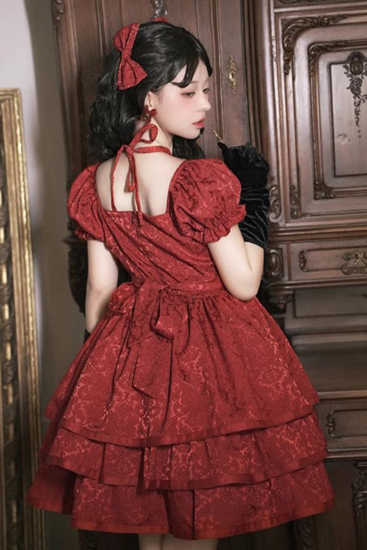 Red Thorn Rose Short Sleeves Multi-layer Ruffle Bowknot Gothic Princess Lolita Dress