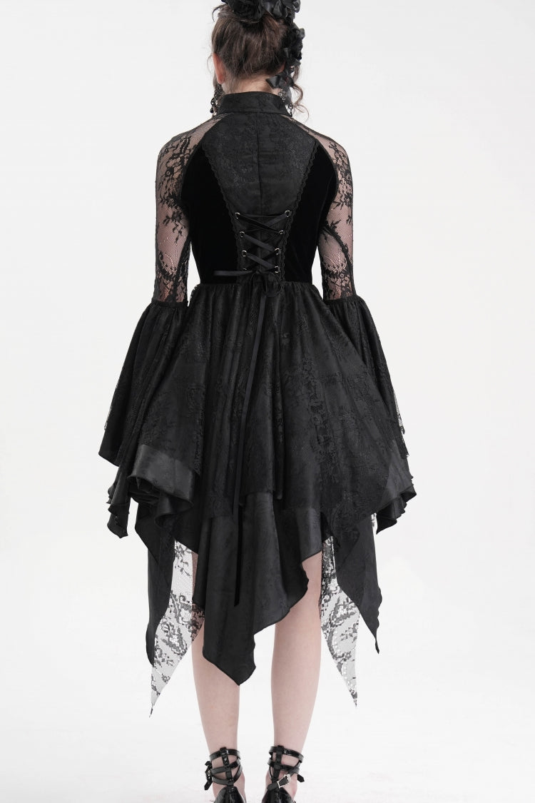 Black Long Sleeves Embroidery Lace Lace-Up Irregular Sheer Mesh Women's Gothic Dress