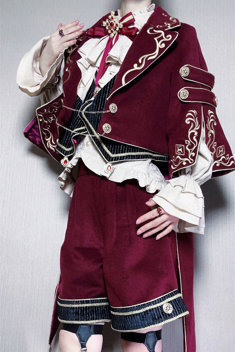 Red [Royal Heir] Embroidery Classic Military Gorgeous Handsome Ouji Lolita Coat Blouse Shorts Set