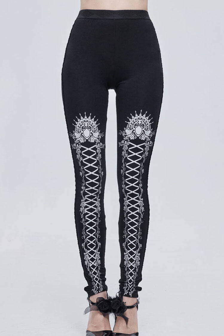 Schwarz/Weiß Gothic Gedruckt Dekoration Binden Seil Elastizität Damen Leggings