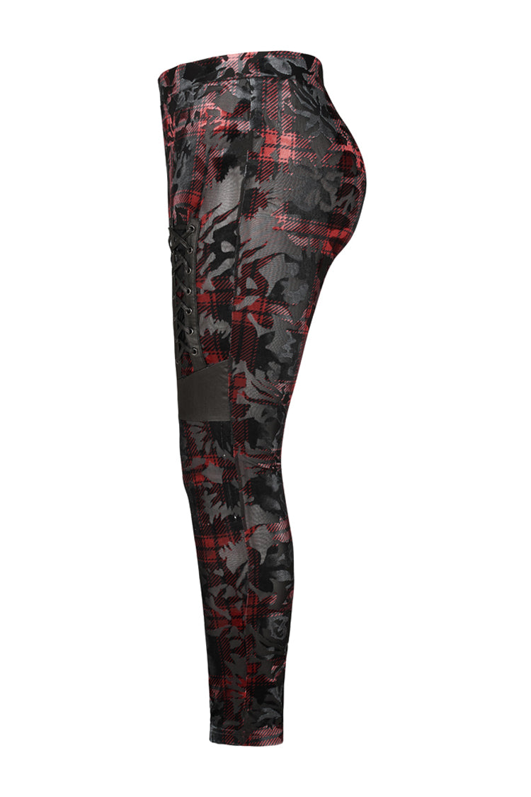 Red Plaid Plus Size Front Splice Imitation Leather Lace-Up Classic Printing Women's Punk Legging