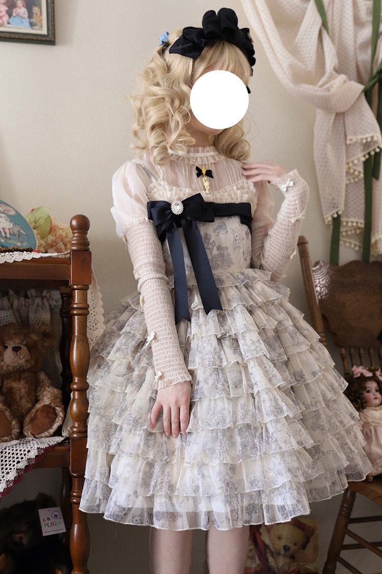 Multi-Color [Wonderland Travels] Multi-Layered Print Ruffle Bowknot Sweet Lolita Tiered Dress