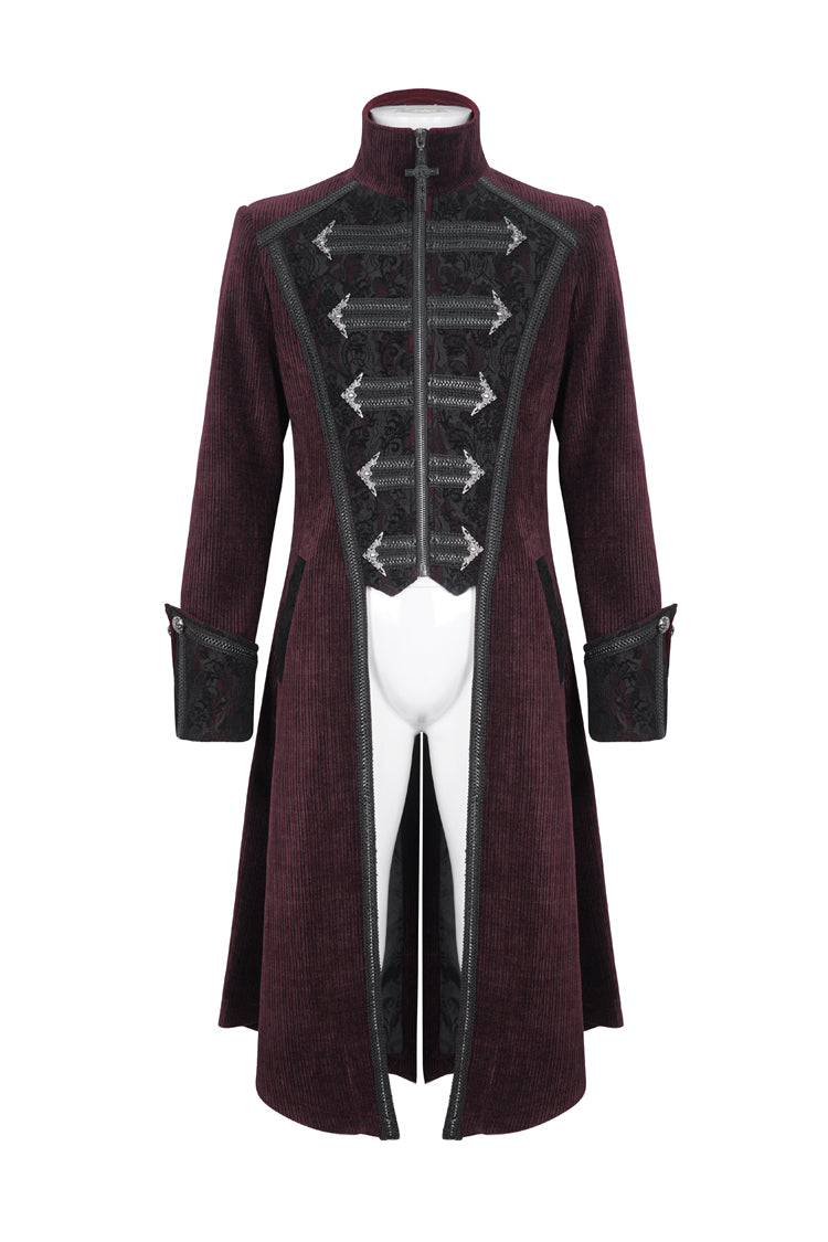 Red Stand Collar Long Sleeves Embroidery Slim Men's Gothic Coat