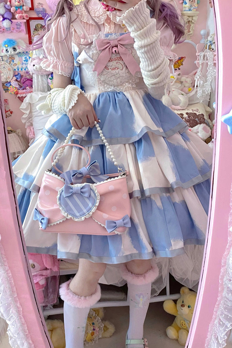 Blue Sleeveless Triple-Layered Cow Print Ruffle Bowknot Sweet Lolita Jsk Dress