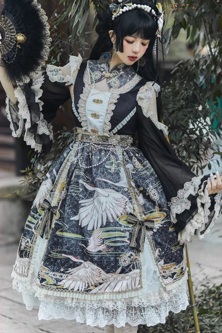 Süßes Lolita-Kleid im chinesischen Stil mit langen Ärmeln, Rüschenspitze und Druck, 3 Farben