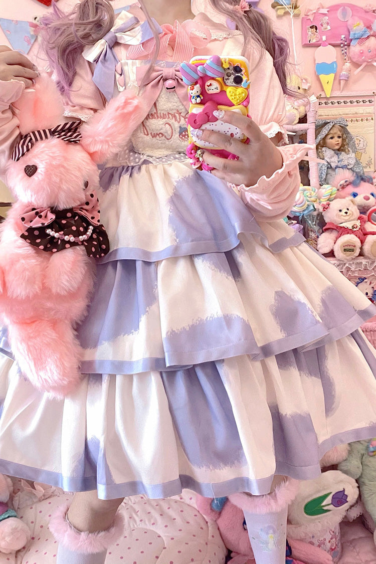 Blue Sleeveless Triple-Layered Cow Print Ruffle Bowknot Sweet Lolita Jsk Dress