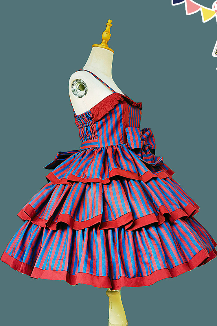 Stripe Print [Cloth Cat] Triple-Layered Ruffle Bowknot Sweet Lolita Dress 4 Colors