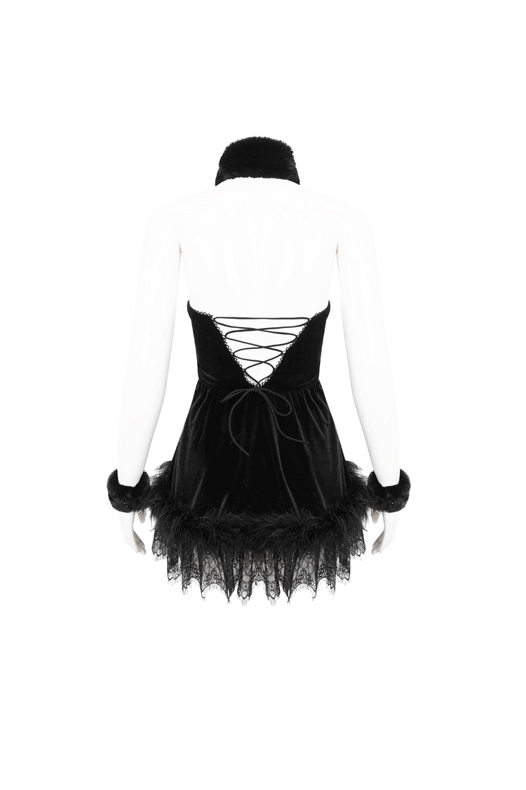 Black Halterneck Fluffy Splice Velvet Women's Gothic Dress