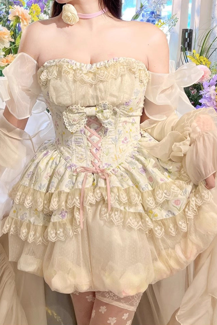 Ivory [Flower Story] Tulip Print Bowknot Lace Sweet Lolita Skirt