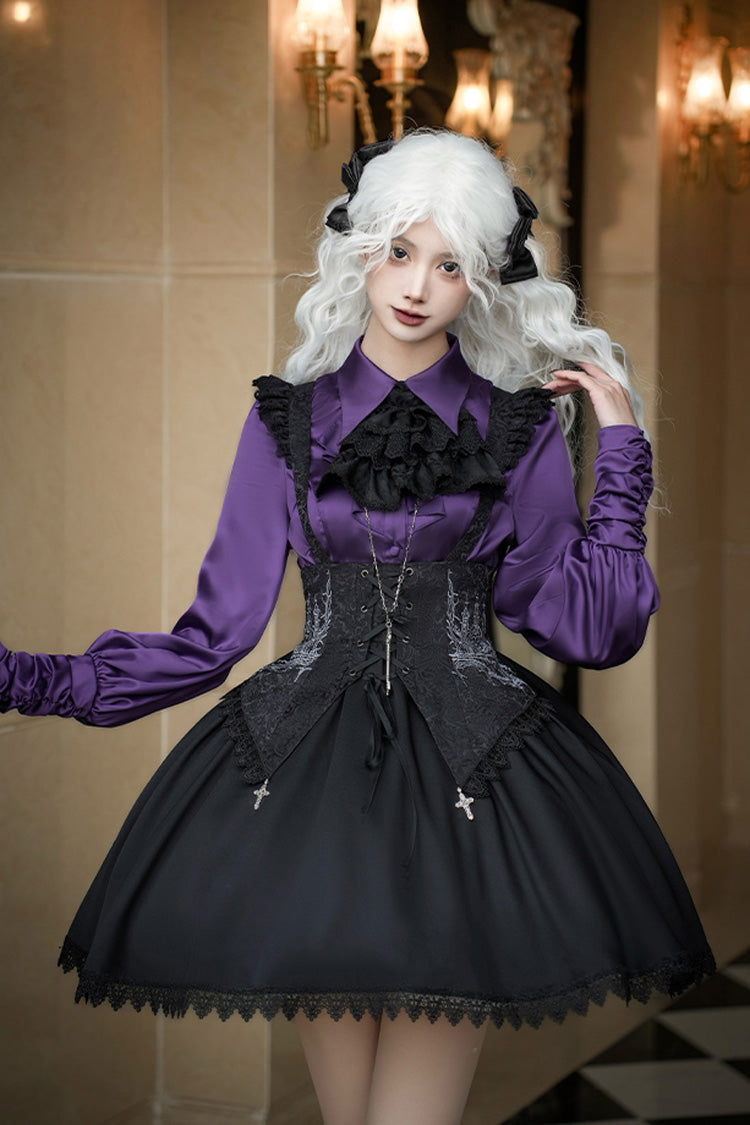 Black [Night of Thorns] Sleeveless Embroidery Lace-Up Gothic Lolita Strap Breast Support Dress 2 Versions