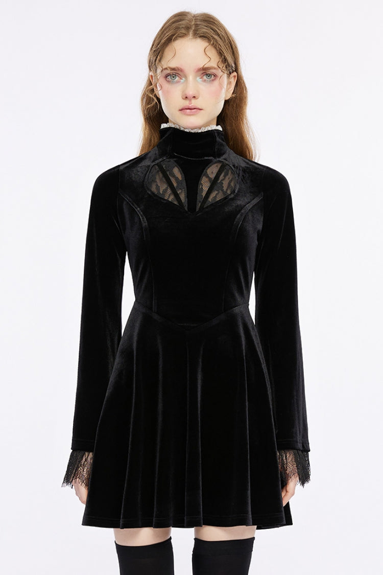 Black Long Trumpet Sleeves Hollow Lace Women's Gothic Dress