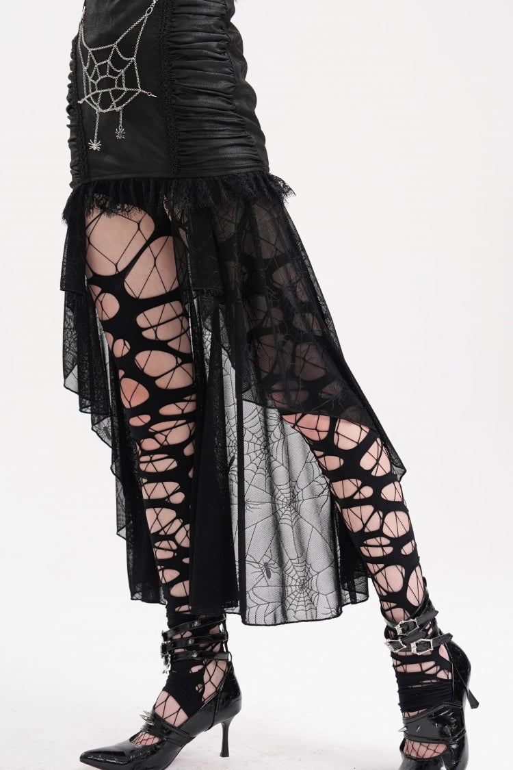 Black Chain Lace Irregular Hem Mesh Women's Gothic Skirt