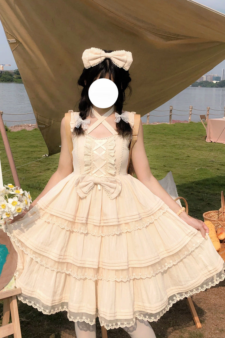 Apricot First Love Süßes Lolita JSK Kleid mit dreilagigem Rüschen und Schleife aus Spitze