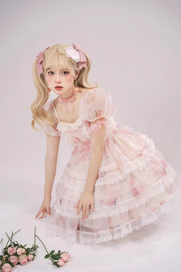 Pink Chiffon Organza Short Sleeves Multi-layer Peach Print Sweet Lolita Jsk Dress