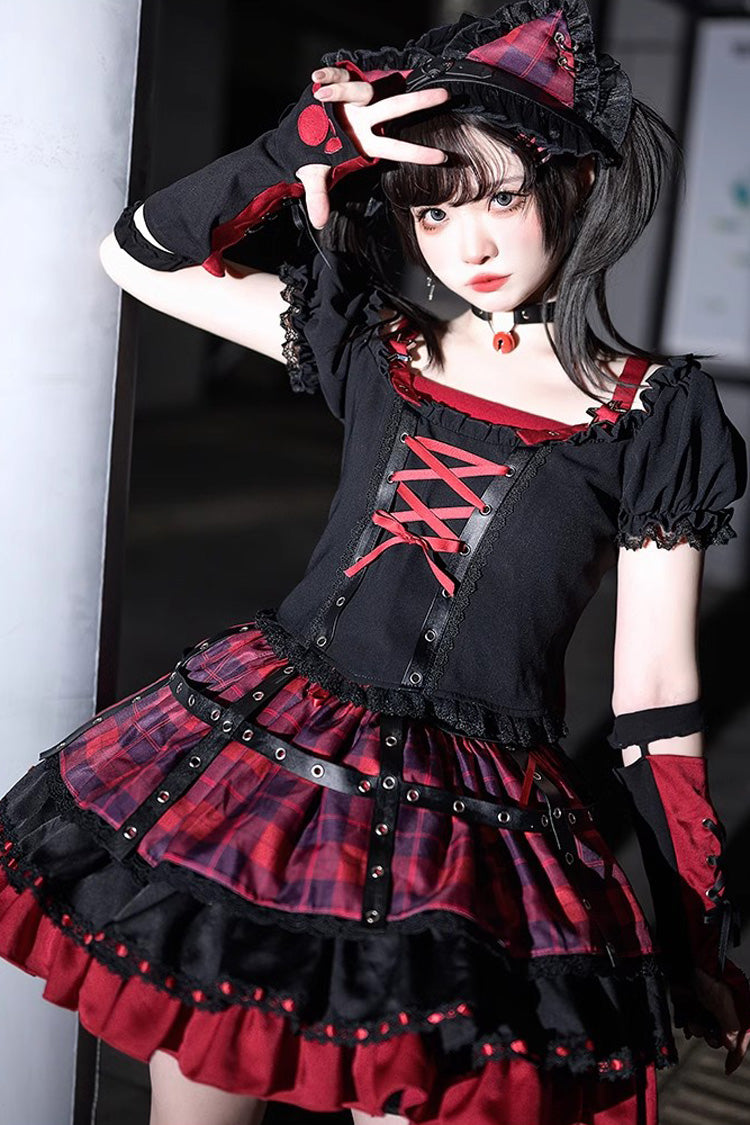 Black/Red Print Ruffle Lace-Up Gothic Japanese Princess Lolita Skirt Set