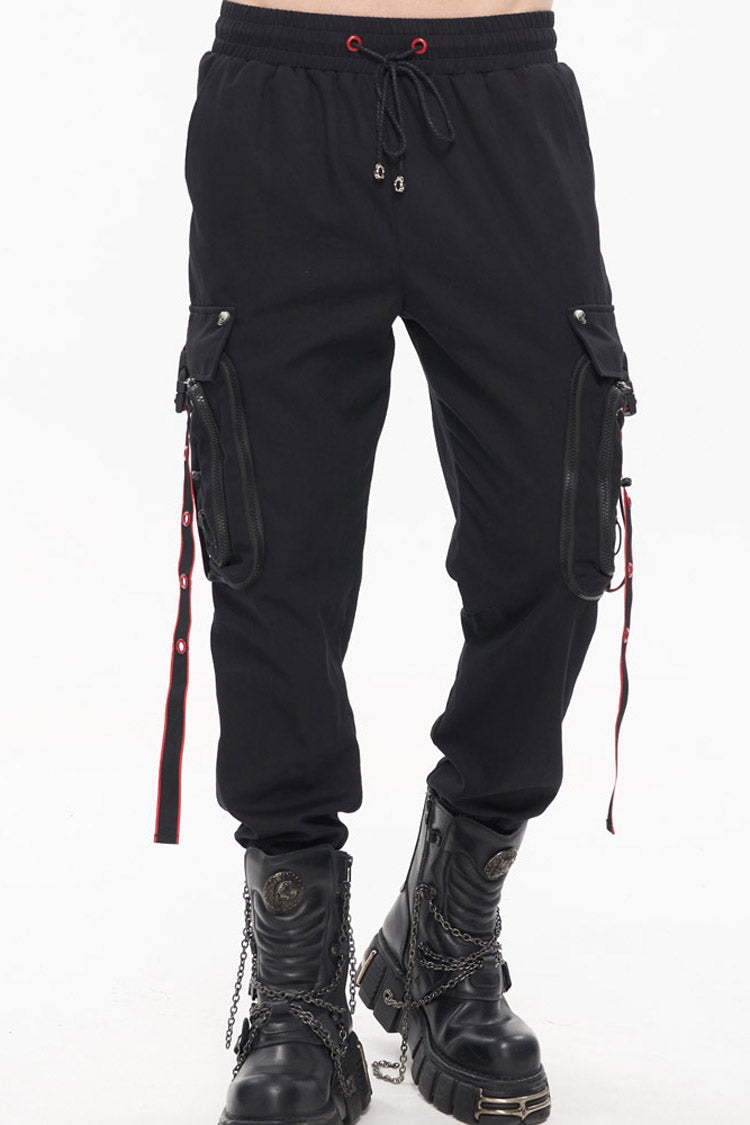 Black Punk Multi Pocket Webbing Decorative Drawstring Men's Long Pants