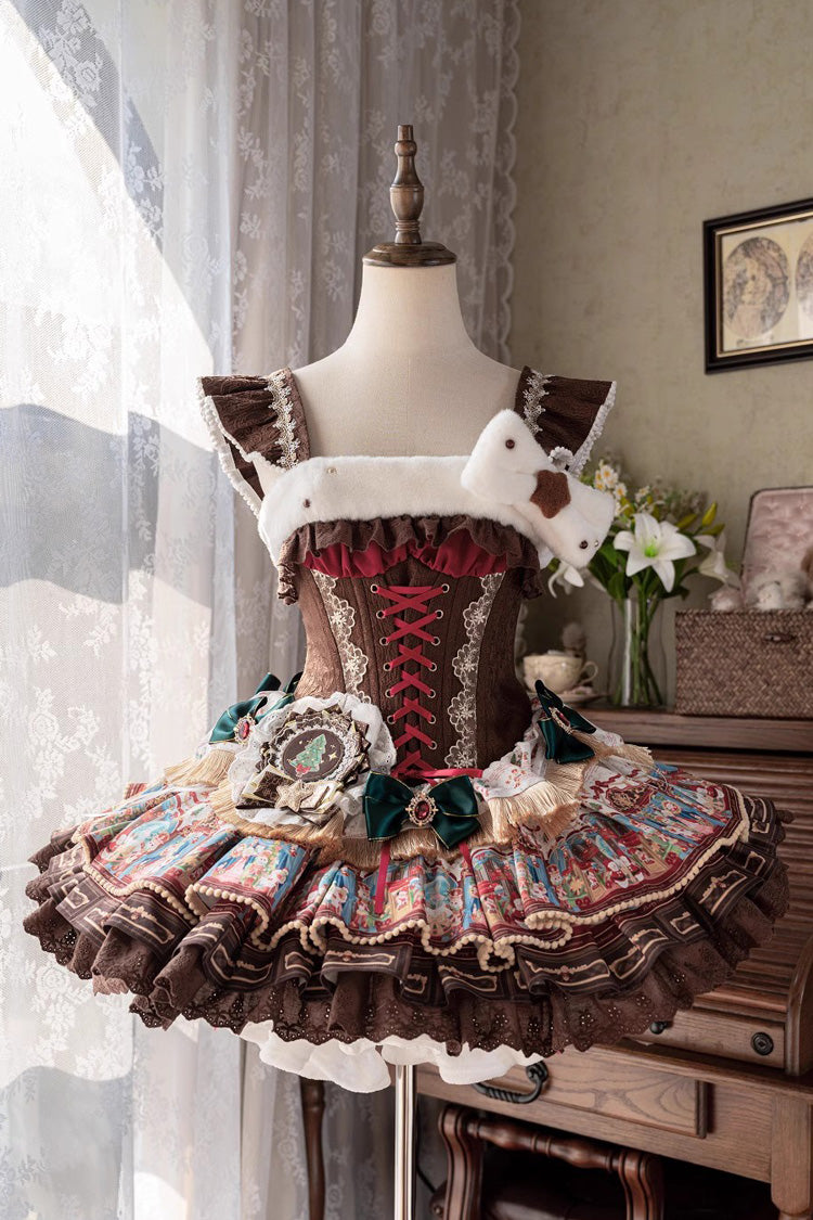 Brown [Candy House] Multi-Layered Print Ruffle Bowknot Lace-Up Sweet Ballet Lolita Jsk Dress