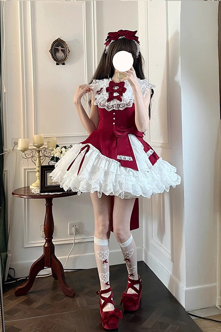 Red [Miss Tsundere] Sleeveless Multi-Layered Ruffle Bowknot Lace Asymmetric Sweet Princess Lolita Dress