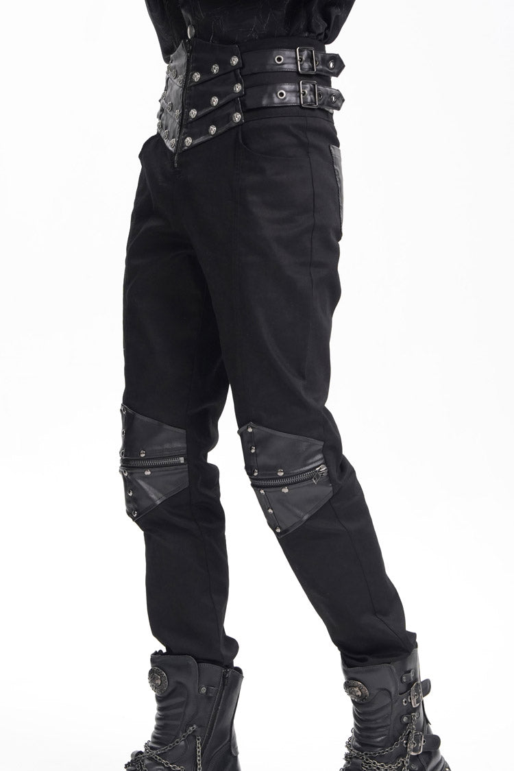 Black Stitching Buckle-up Studs Men's Gothic Pants