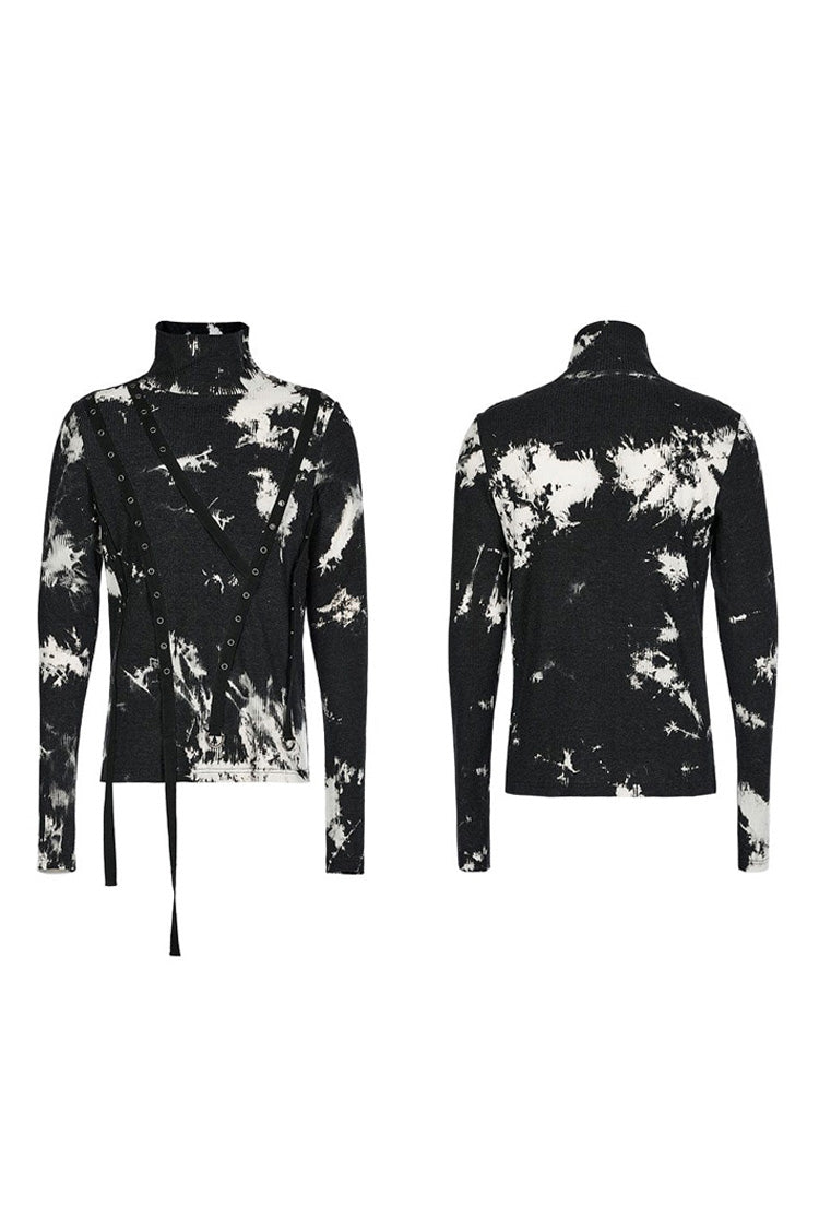 Black/White Punk Asymmetric Metal Buckle Side Button Tie Dye High Neck Basic Long Sleeve Men's Shirt