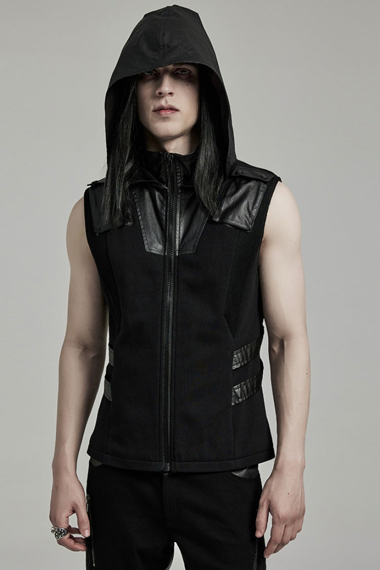 Black Stitching Hooded Men's Punk Vest