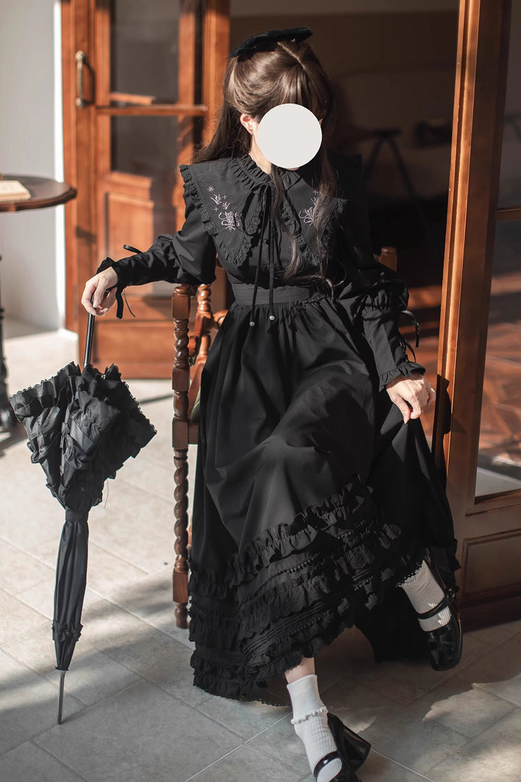 Black [Wind Kissed Tulips] Long Sleeves Ruffle Embroidery Bowknot Gothic Vintage Elegant Lolita Dress