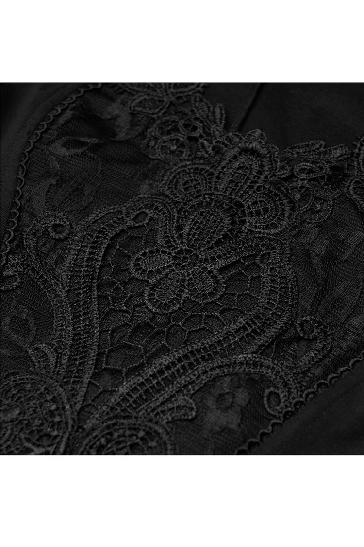 Black Big Round Collar Front Chest Decals Long Sleeve Back Waist Lace-Up Frill Hem Plus Size Women's Gothic T-Shirt