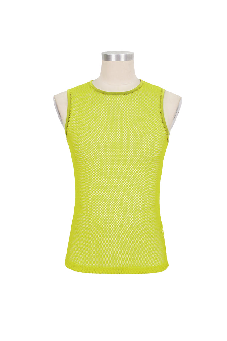 Yellow Elasticity Perspective Rhombus Net Yarn Sleeveless Men's Gothic T-Shirt