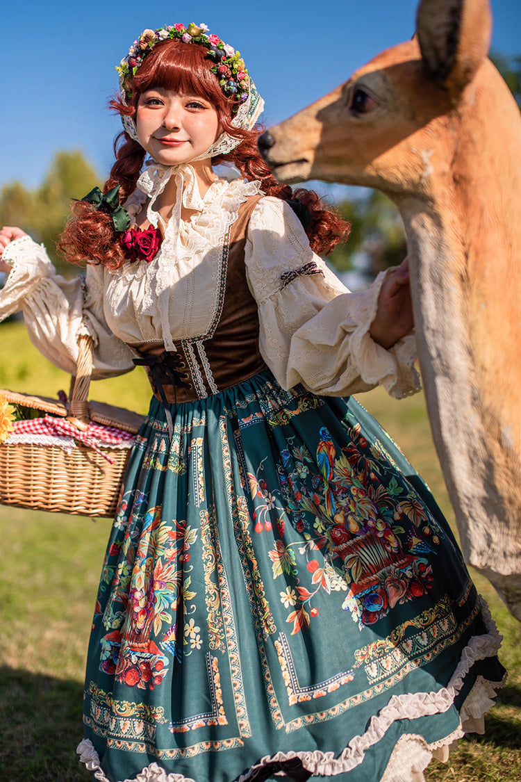 Grün [Ode an die Fülle] Beeren- und Vogeldruck Rüschen Bowknot Samt Klassisches Lolita Brustunterstützung Jsk Kleid