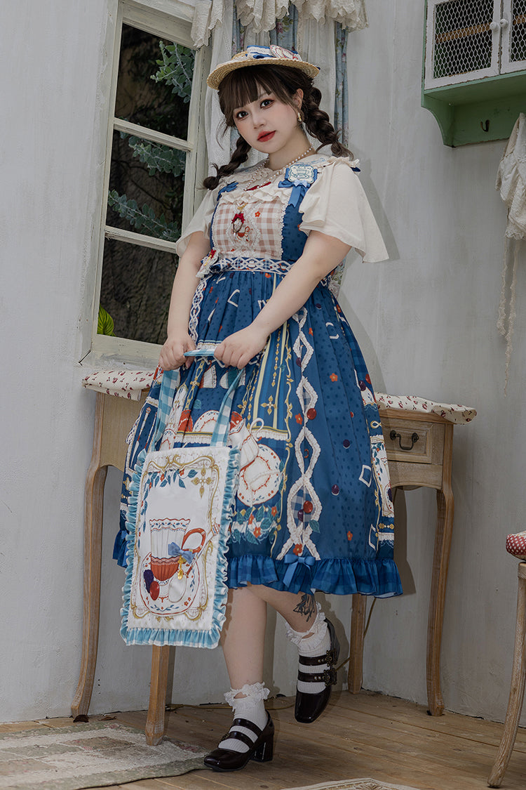 Dark Blue [Tea Party] Print Ruffle Bowknot Lace Sweet Elegant Lolita Jsk Dress