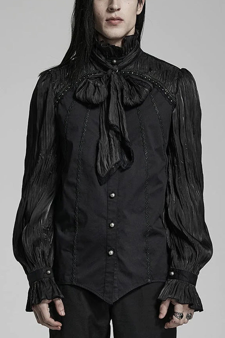 Black Stand Collar Ruched Stitching Lace Mens Gothic Blouse with Scarf