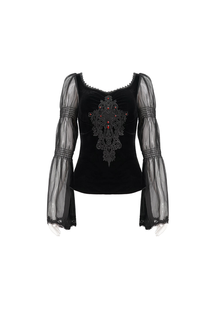 Schwarzes Chiffon-T-Shirt mit langen Ärmeln aus Samt und Applikationen auf der Brust mit blutroten Rauten für Damen im Gothic-Stil