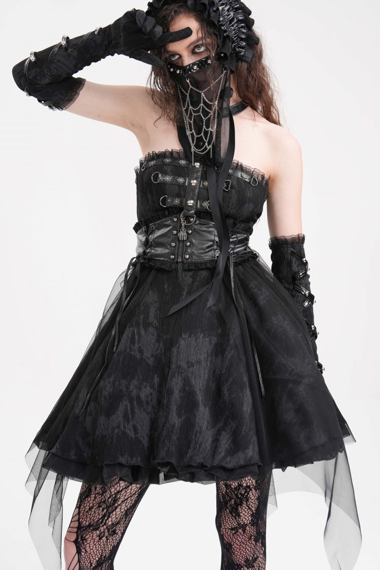 Schwarzes Neckholder-rückenfreies A-Linien-Gothic-Punk-Kurzkleid für Damen