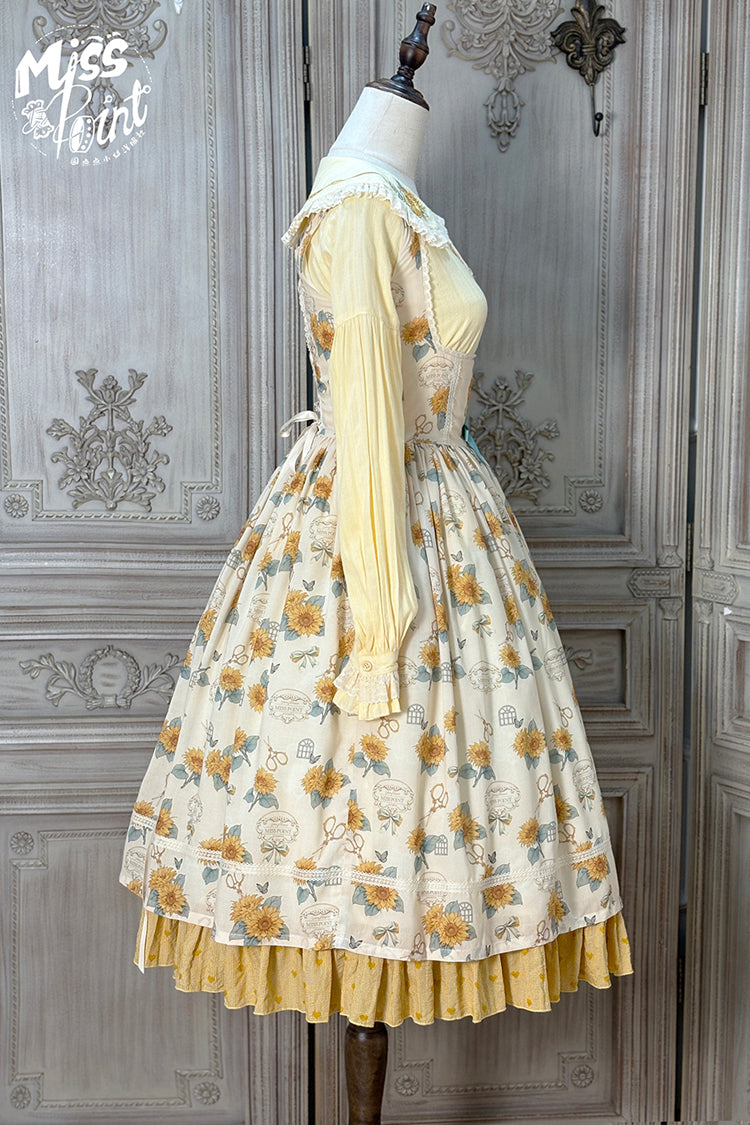 Apricot [Gardening Sunflower] Sleeveless Print Ruffle Bowknot Sweet Elegant Uplift Lolita Jsk Dress