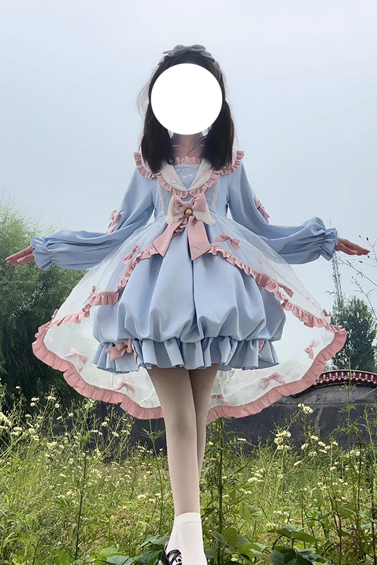 Blue Long Sleeves Music Notes Print Ruffle Bowknot Lace Sweet Lolita Dress