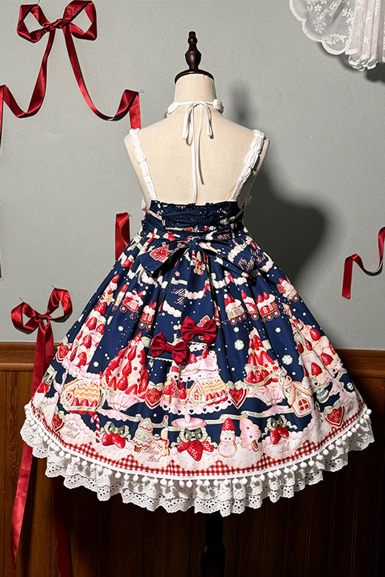 Süßes Lolita JSK-Kleid mit Rüschen und Schleife, Mint, Erdbeer-Dessert-Print, hoher Taille, 4 Farben