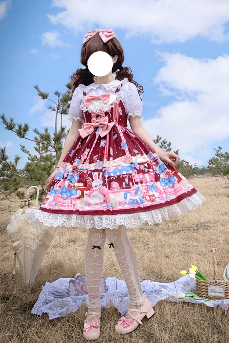 Wine Red Doll Playground Print Ruffle Bowknot Sweet Lolita Jsk Dress