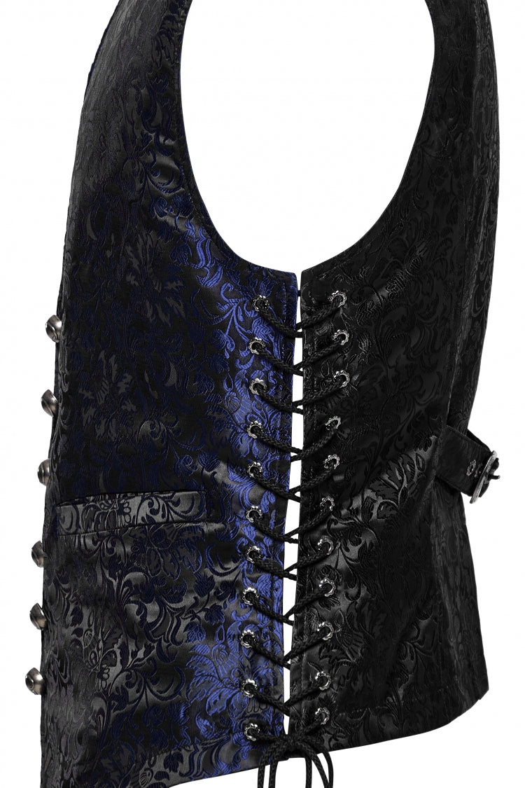 Black/Blue V Collar Jacquard Lace-Up Men's Gothic Vest