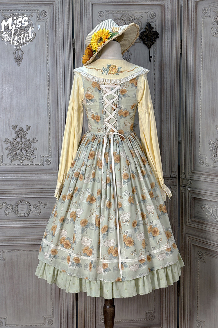 Green [Gardening Sunflower] Sleeveless Print Ruffle Bowknot Sweet Elegant Uplift Lolita Jsk Dress