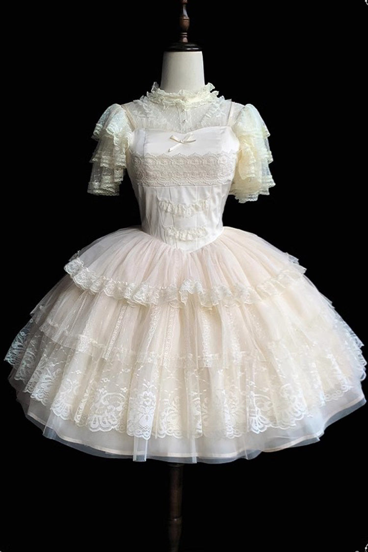 Ivory Tower – Süßes, elegantes Lolita-JSK-Kleid mit mehrlagiger Rüschenstickerei (kurze Version)