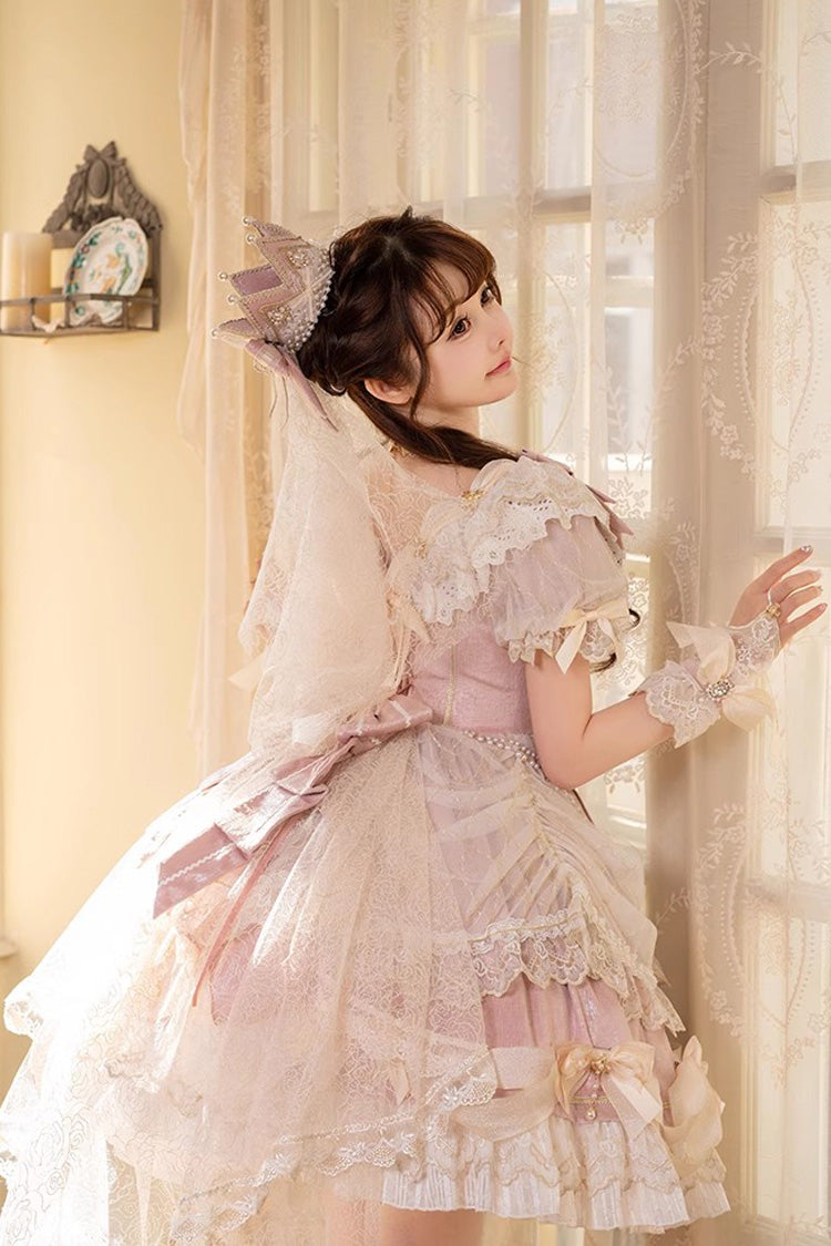 Pink [Girls' Day] Short Sleeves Multi-Layered Ruffle Bowknot Lace Sweet Lolita Dress 2 Versions