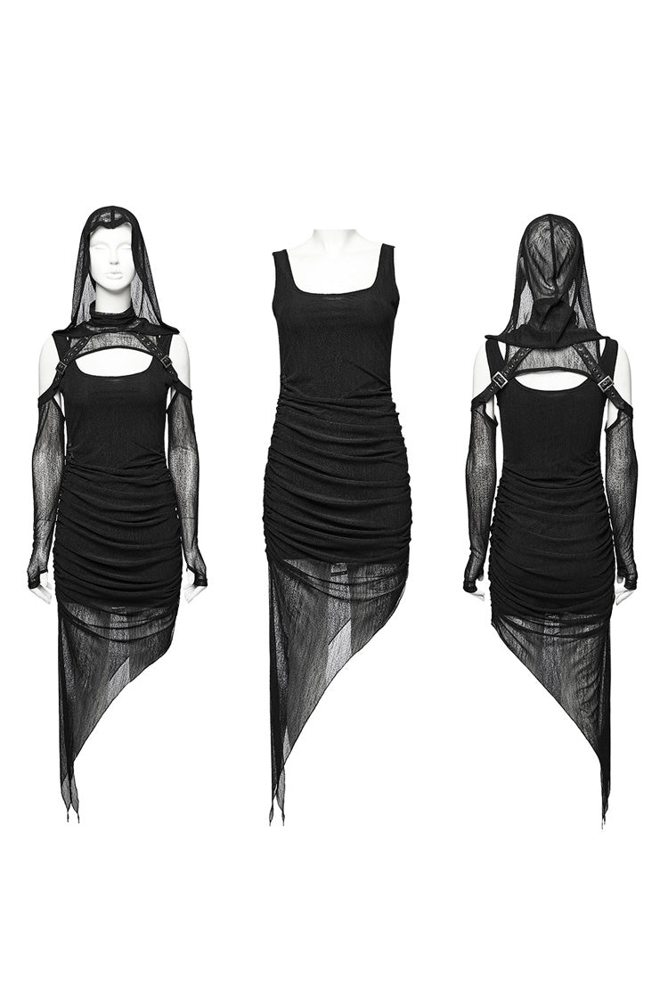 Black Off Shoulder Long Sleeves Irregular Hooded Women's Punk Dress