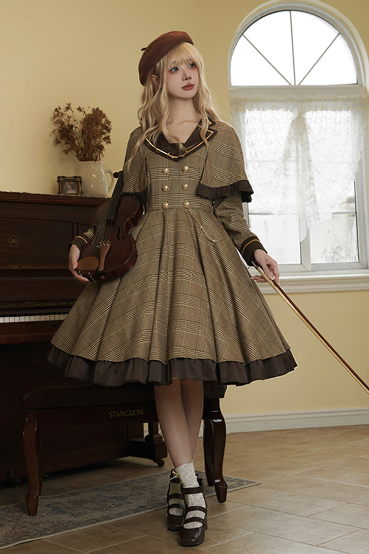 Brown [Baker Street Stories] Stripe Print Ruffle Fake Two Pieces British College Style Classic Lolita Dress