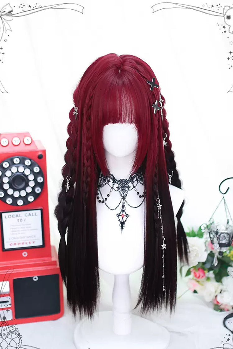 Schwarze/rote lange glatte Gothic-Lolita-Perücken mit Farbverlauf