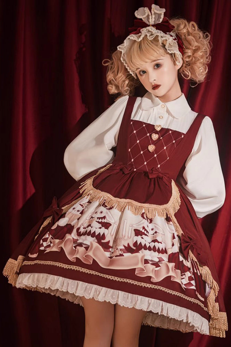 Red Doll Collar [Bunny Reading Club] Print Ruffle Lace Fake Two Pieces Sweet Princess Lolita Dress