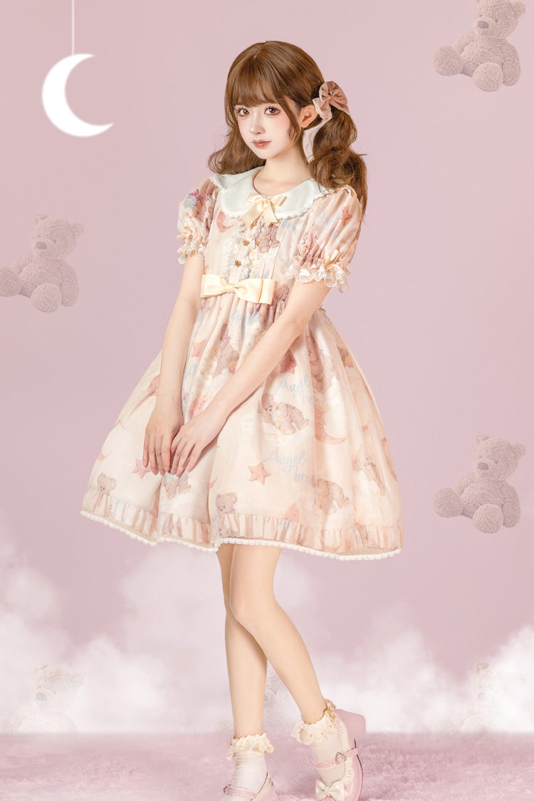 Star Wishing Bear Print Short Sleeves Bowknot Sweet Lolita Dress 2 Colors