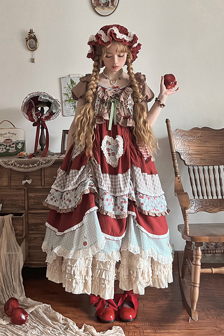 Süßes Lolita-Kleid mit mehrfarbigem Kirschdruck, kurzen Ärmeln, mehrlagiger Rüschenstickerei