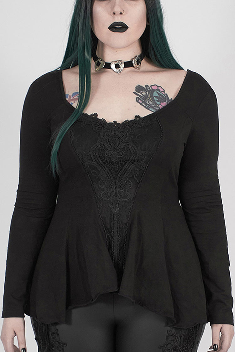 Black Big Round Collar Front Chest Decals Long Sleeve Back Waist Lace-Up Frill Hem Plus Size Women's Gothic T-Shirt